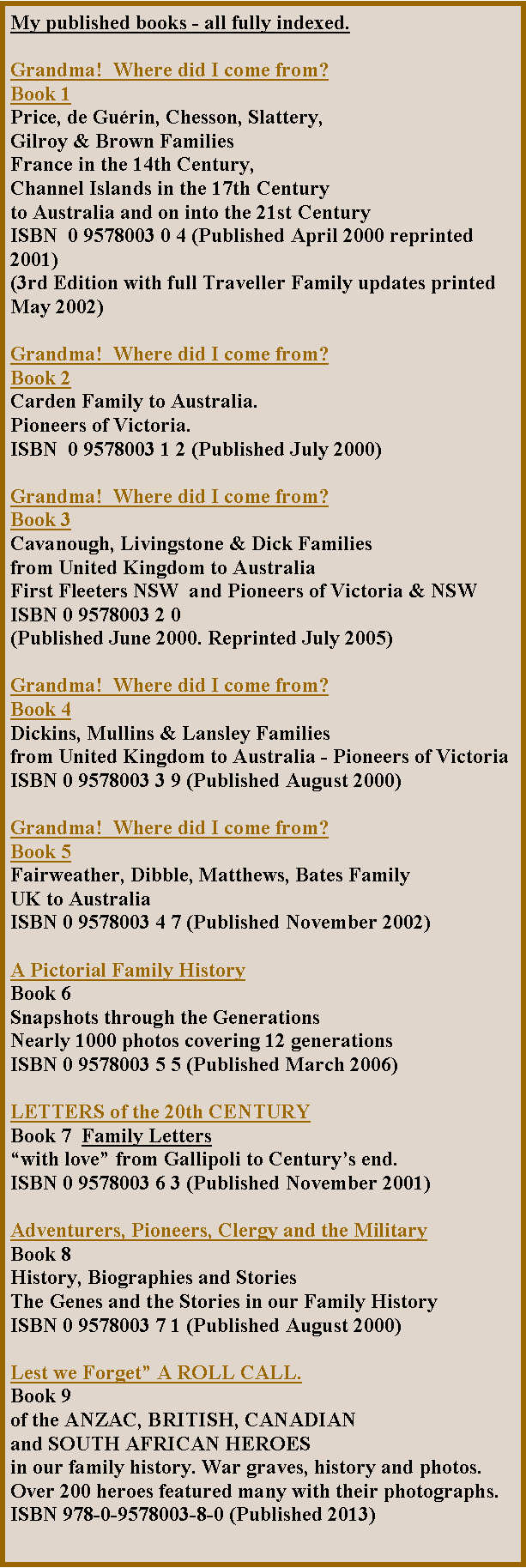 Text Box: My published books - all fully indexed.Grandma!  Where did I come from?Book 1Price, de Gurin, Chesson, Slattery, Gilroy & Brown Families France in the 14th Century, Channel Islands in the 17th Century to Australia and on into the 21st CenturyISBN  0 9578003 0 4 (Published April 2000 reprinted 2001)(3rd Edition with full Traveller Family updates printed May 2002) 	Grandma!  Where did I come from?Book 2Carden Family to Australia. Pioneers of Victoria. ISBN  0 9578003 1 2 (Published July 2000) Grandma!  Where did I come from?Book 3Cavanough, Livingstone & Dick Families from United Kingdom to AustraliaFirst Fleeters NSW  and Pioneers of Victoria & NSWISBN 0 9578003 2 0 (Published June 2000. Reprinted July 2005)Grandma!  Where did I come from?Book 4Dickins, Mullins & Lansley Familiesfrom United Kingdom to Australia - Pioneers of VictoriaISBN 0 9578003 3 9 (Published August 2000)Grandma!  Where did I come from?Book 5Fairweather, Dibble, Matthews, Bates Family UK to AustraliaISBN 0 9578003 4 7 (Published November 2002)A Pictorial Family HistoryBook 6Snapshots through the GenerationsNearly 1000 photos covering 12 generationsISBN 0 9578003 5 5 (Published March 2006) LETTERS of the 20th CENTURYBook 7  Family Letterswith love from Gallipoli to Centurys end.ISBN 0 9578003 6 3 (Published November 2001)Adventurers, Pioneers, Clergy and the MilitaryBook 8History, Biographies and StoriesThe Genes and the Stories in our Family HistoryISBN 0 9578003 7 1 (Published August 2000)Lest we Forget A ROLL CALL.Book 9of the ANZAC, BRITISH, CANADIAN and SOUTH AFRICAN HEROESin our family history. War graves, history and photos.Over 200 heroes featured many with their photographs.ISBN 978-0-9578003-8-0 (Published 2013)