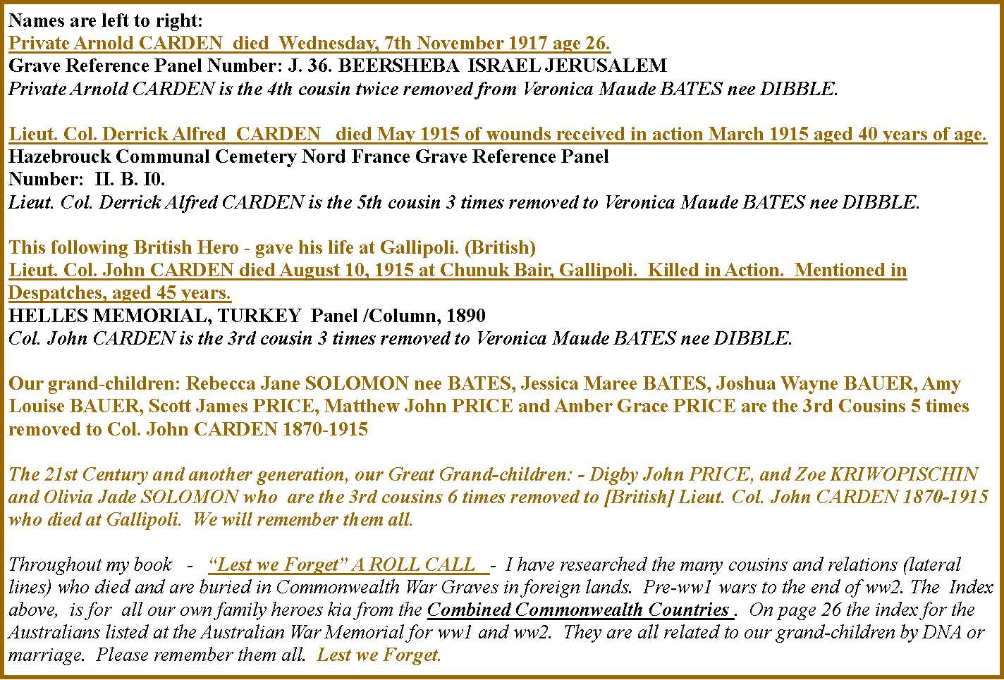 Text Box: Names are left to right:Private Arnold CARDEN  died  Wednesday, 7th November 1917 age 26.Grave Reference Panel Number: J. 36. BEERSHEBA  ISRAEL JERUSALEMPrivate Arnold CARDEN is the 4th cousin twice removed from Veronica Maude BATES nee DIBBLE.  Lieut. Col. Derrick Alfred  CARDEN   died May 1915 of wounds received in action March 1915 aged 40 years of age.Hazebrouck Communal Cemetery Nord France Grave Reference Panel Number:  II. B. I0.Lieut. Col. Derrick Alfred CARDEN is the 5th cousin 3 times removed to Veronica Maude BATES nee DIBBLE.This following British Hero - gave his life at Gallipoli. (British)Lieut. Col. John CARDEN died August 10, 1915 at Chunuk Bair, Gallipoli.  Killed in Action.  Mentioned in Despatches, aged 45 years.HELLES MEMORIAL, TURKEY  Panel /Column, 1890Col. John CARDEN is the 3rd cousin 3 times removed to Veronica Maude BATES nee DIBBLE. Our grand-children: Rebecca Jane SOLOMON nee BATES, Jessica Maree BATES, Joshua Wayne BAUER, Amy Louise BAUER, Scott James PRICE, Matthew John PRICE and Amber Grace PRICE are the 3rd Cousins 5 times removed to Col. John CARDEN 1870-1915 The 21st Century and another generation, our Great Grand-children: - Digby John PRICE, and Zoe KRIWOPISCHIN and Olivia Jade SOLOMON who  are the 3rd cousins 6 times removed to [British] Lieut. Col. John CARDEN 1870-1915 who died at Gallipoli.  We will remember them all.Throughout my book   -   Lest we Forget A ROLL CALL   -  I have researched the many cousins and relations (lateral lines) who died and are buried in Commonwealth War Graves in foreign lands.  Pre-ww1 wars to the end of ww2. The  Index  above,  is for  all our own family heroes kia from the Combined Commonwealth Countries .  On page 26 the index for the Australians listed at the Australian War Memorial for ww1 and ww2.  They are all related to our grand-children by DNA or marriage.  Please remember them all.  Lest we Forget.